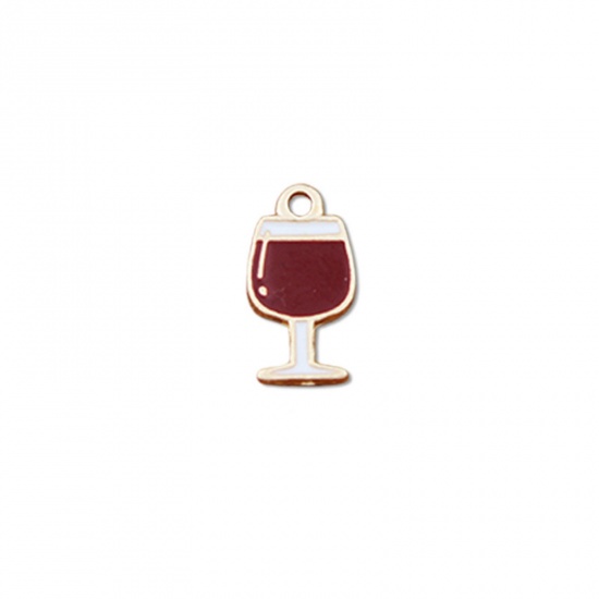 Picture of Zinc Based Alloy Charms Gold Plated Brown Red Wine Glass Enamel 16.5mm x 8.5mm, 10 PCs