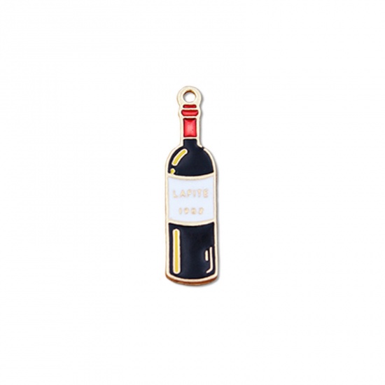 Picture of Zinc Based Alloy Pendants Gold Plated Black & Red Wine Bottle Enamel 3.2cm x 0.8cm, 10 PCs