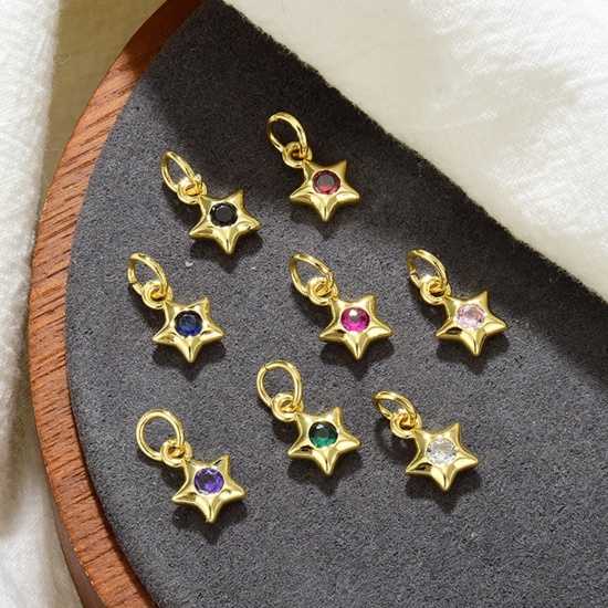 Picture of Brass Galaxy Charms Gold Plated Pentagram Star At Random Color Mixed Cubic Zirconia 13mm x 7mm, 2 PCs                                                                                                                                                         