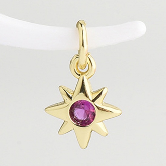 Picture of Brass Galaxy Charms Gold Plated Sun Fuchsia Cubic Zirconia 10.5mm x 8.3mm, 2 PCs                                                                                                                                                                              