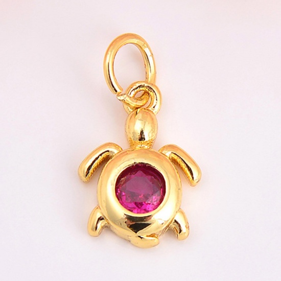 Picture of Brass Ocean Jewelry Charms Gold Plated Sea Turtle Animal Fuchsia Cubic Zirconia 15mm x 9mm, 2 PCs                                                                                                                                                             