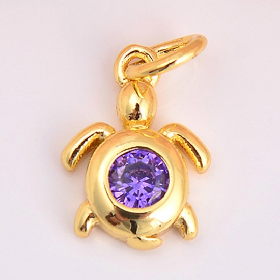 Picture of Brass Ocean Jewelry Charms Gold Plated Sea Turtle Animal Purple Cubic Zirconia 15mm x 9mm, 2 PCs                                                                                                                                                              