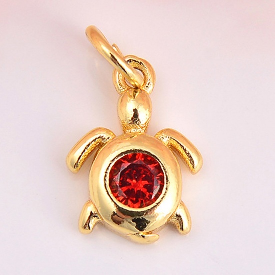 Picture of Brass Ocean Jewelry Charms Gold Plated Sea Turtle Animal Red Cubic Zirconia 15mm x 9mm, 2 PCs                                                                                                                                                                 