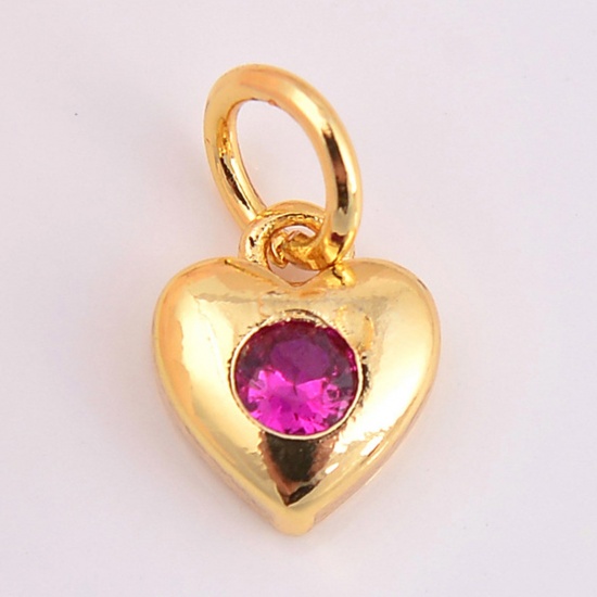 Image de Breloques La Saint Valentin en Laiton Doré Cœur à Zircone Cubique Fuchsia 11mm x 7mm, 2 Pcs