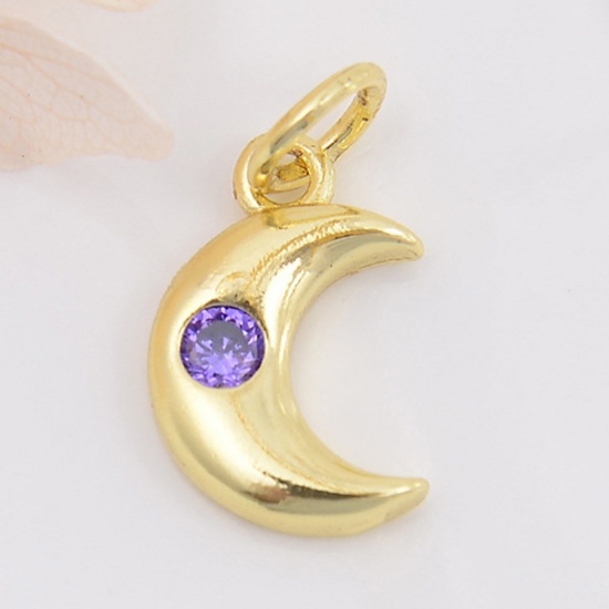 Picture of Brass Galaxy Charms Gold Plated Half Moon Purple Cubic Zirconia 16mm x 8mm, 2 PCs                                                                                                                                                                             
