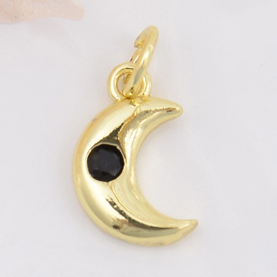 Picture of Brass Galaxy Charms Gold Plated Half Moon Black Cubic Zirconia 16mm x 8mm, 2 PCs                                                                                                                                                                              