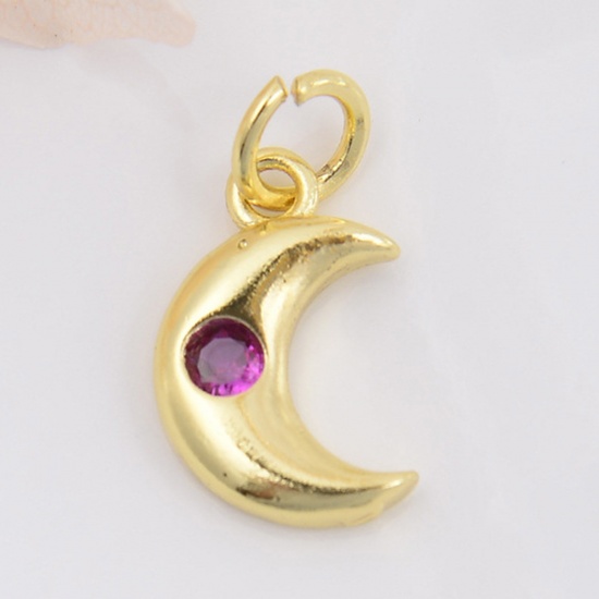 Picture of Brass Galaxy Charms Gold Plated Half Moon Fuchsia Cubic Zirconia 16mm x 8mm, 2 PCs                                                                                                                                                                            