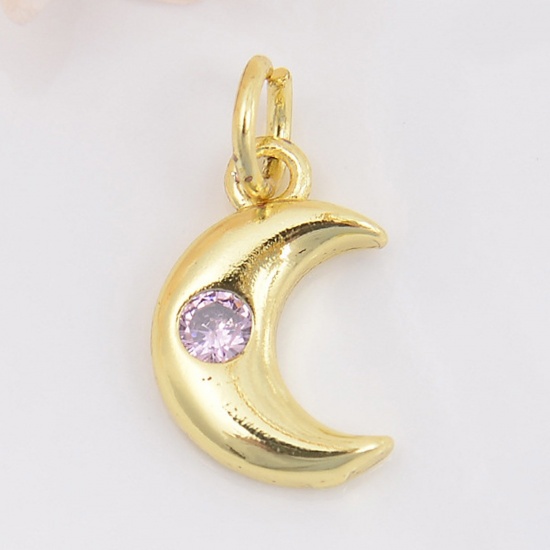 Picture of Brass Galaxy Charms Gold Plated Half Moon Light Pink Cubic Zirconia 16mm x 8mm, 2 PCs                                                                                                                                                                         