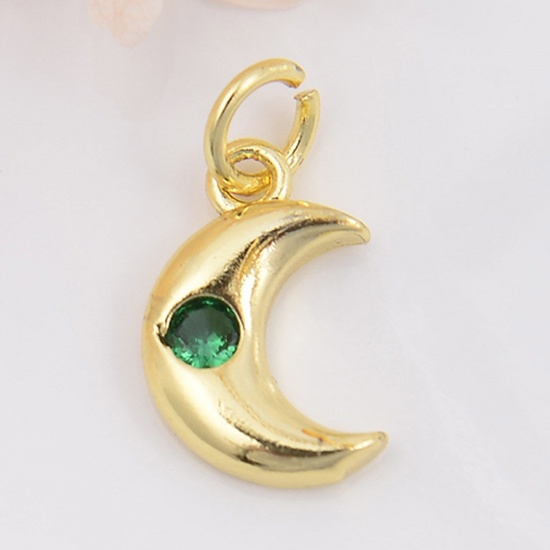 Picture of Brass Galaxy Charms Gold Plated Half Moon Green Cubic Zirconia 16mm x 8mm, 2 PCs                                                                                                                                                                              