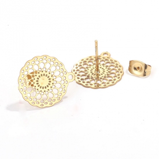 Picture of 2 PCs 304 Stainless Steel Boho Chic Bohemia Ear Post Stud Earrings Round 18K Gold Color Filigree With Loop 16mm Dia., Post/ Wire Size: (21 gauge)