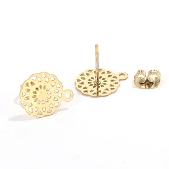 Picture of 2 PCs 304 Stainless Steel Boho Chic Bohemia Ear Post Stud Earrings Flower 18K Gold Color Filigree With Loop 13mm Dia., Post/ Wire Size: (21 gauge)
