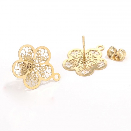 Picture of 2 PCs Vacuum Plating 304 Stainless Steel Boho Chic Bohemia Ear Post Stud Earrings Flower 18K Gold Plated Filigree With Loop 18mm Dia., Post/ Wire Size: (21 gauge)