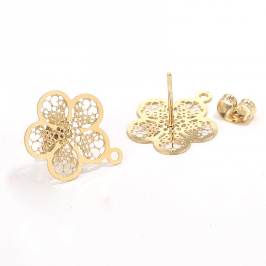 Picture of 2 PCs 304 Stainless Steel Boho Chic Bohemia Ear Post Stud Earrings Flower 18K Gold Color Filigree With Loop 18mm Dia., Post/ Wire Size: (21 gauge)