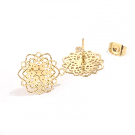 Picture of 2 PCs Vacuum Plating 304 Stainless Steel Boho Chic Bohemia Ear Post Stud Earrings Flower 18K Gold Plated Filigree With Loop 17mm Dia., Post/ Wire Size: (21 gauge)