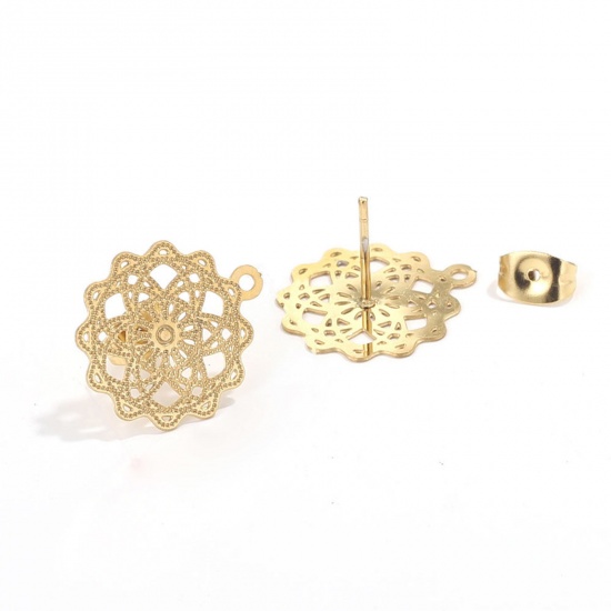 Picture of 2 PCs 304 Stainless Steel Boho Chic Bohemia Ear Post Stud Earrings Flower 18K Gold Color Filigree With Loop 17mm Dia., Post/ Wire Size: (21 gauge)