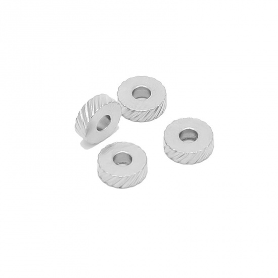 Picture of 304 Stainless Steel Beads Flat Round Silver Tone Stripe 6mm Dia., 10 PCs