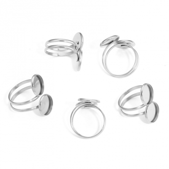 Picture of 304 Stainless Steel Open Adjustable Rings Silver Tone Round Cabochon Settings (Fits 12mm Dia.) 18mm(US Size 7.75), 1 Piece
