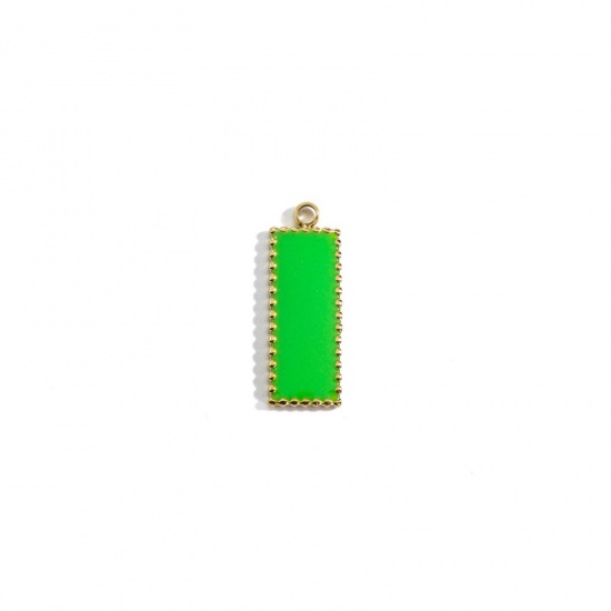 Picture of 304 Stainless Steel Charms Gold Plated Grass Green Rectangle Enamel 19.5mm x 7mm, 1 Piece