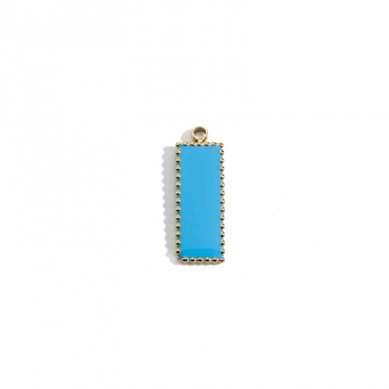 Picture of 304 Stainless Steel Charms Gold Plated Lake Blue Rectangle Enamel 19.5mm x 7mm, 1 Piece
