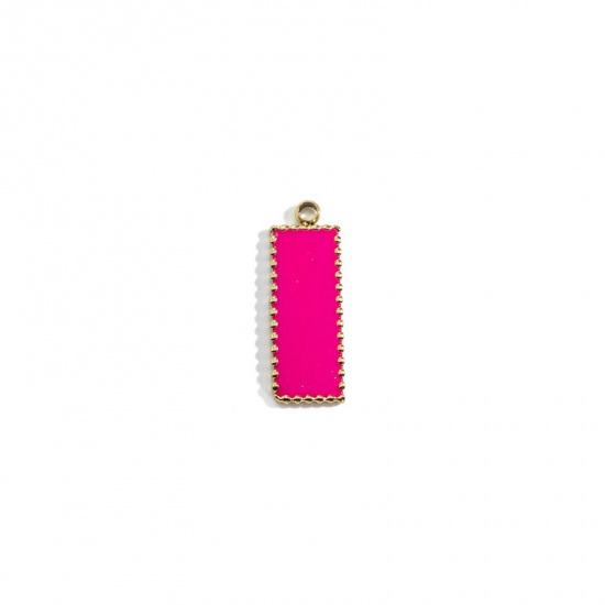 Picture of 304 Stainless Steel Charms Gold Plated Fuchsia Rectangle Enamel 19.5mm x 7mm, 1 Piece