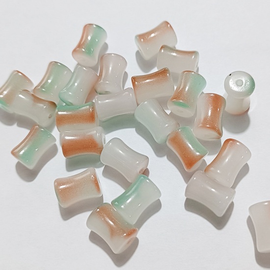 Picture of Lampwork Glass Beads Bamboo-shaped Orange & Green Blue Gradient Color About 12mm x 8.5mm, Hole: Approx 1.2mm, 100 PCs
