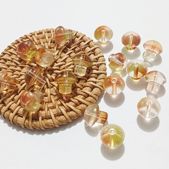 Picture of Lampwork Glass Beads Mushroom Orange & Yellow Gradient Color About 13.5mm x 13.5mm, Hole: Approx 1.4mm, 50 PCs