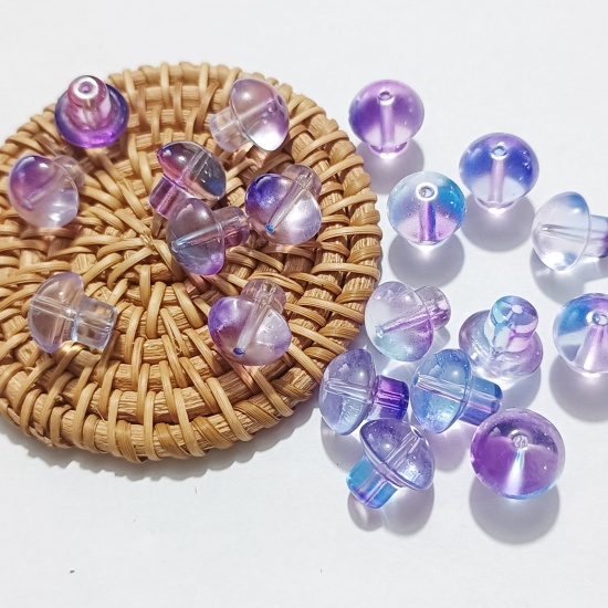 Picture of Lampwork Glass Beads Mushroom Purple & Blue Gradient Color About 13.5mm x 13.5mm, Hole: Approx 1.4mm, 50 PCs