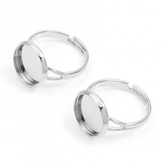 Picture of Brass Open Adjustable Rings Round Real Platinum Plated Cabochon Settings (Fits 12mm Dia.) 16.9mm(US Size 6.5), 5 PCs