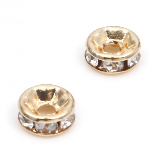Picture of Brass Rondelle Beads 14K Gold Color Round Clear Rhinestone About 6mm Dia., Hole: Approx 1.4mm, 20 PCs                                                                                                                                                         