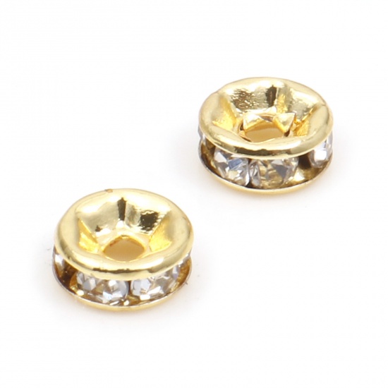 Picture of Brass Rondelle Beads 18K Gold Plated Round Clear Rhinestone About 6mm Dia., Hole: Approx 1.4mm, 20 PCs