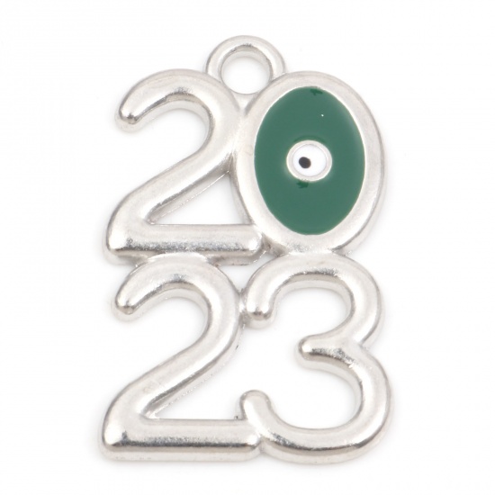 Picture of Zinc Based Alloy Year Pendants Silver Tone Green Evil Eye Message " 2023 " Enamel 3.1cm x 1.9cm, 10 PCs
