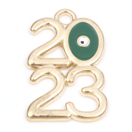 Picture of Zinc Based Alloy Year Pendants Gold Plated Green Evil Eye Message " 2023 " Enamel 3.1cm x 1.9cm, 10 PCs