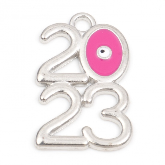 Picture of Zinc Based Alloy Year Pendants Silver Tone Pink Evil Eye Message " 2023 " Enamel 3.1cm x 1.9cm, 10 PCs
