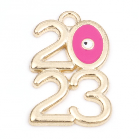 Picture of Zinc Based Alloy Year Pendants Gold Plated Pink Evil Eye Message " 2023 " Enamel 3.1cm x 1.9cm, 10 PCs