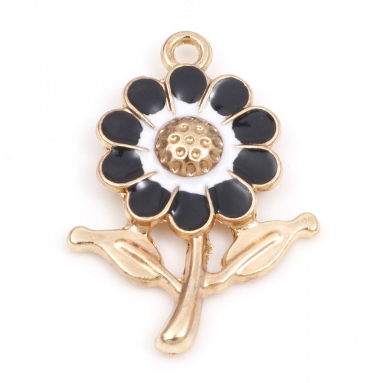 Picture of Zinc Based Alloy Charms Gold Plated Black Sunflower Enamel 27mm x 19mm, 10 PCs