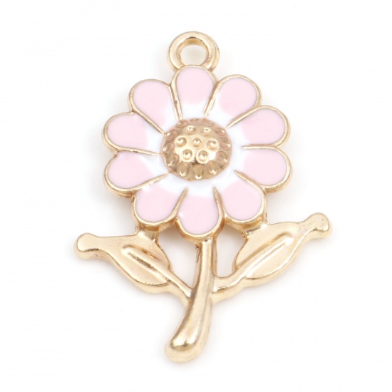 Picture of Zinc Based Alloy Charms Gold Plated Pink Sunflower Enamel 27mm x 19mm, 10 PCs