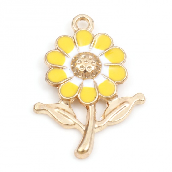 Picture of Zinc Based Alloy Charms Gold Plated Yellow Sunflower Enamel 27mm x 19mm, 10 PCs