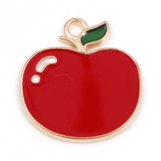Picture of Zinc Based Alloy Charms Gold Plated Red Fruit Apple Fruit Enamel 21mm x 19.5mm, 10 PCs