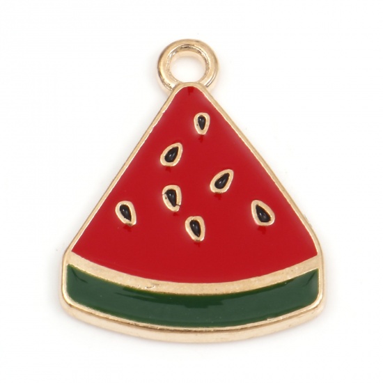 Picture of Zinc Based Alloy Charms Gold Plated Red Fruit Watermelon Fruit Enamel 21mm x 17mm, 10 PCs