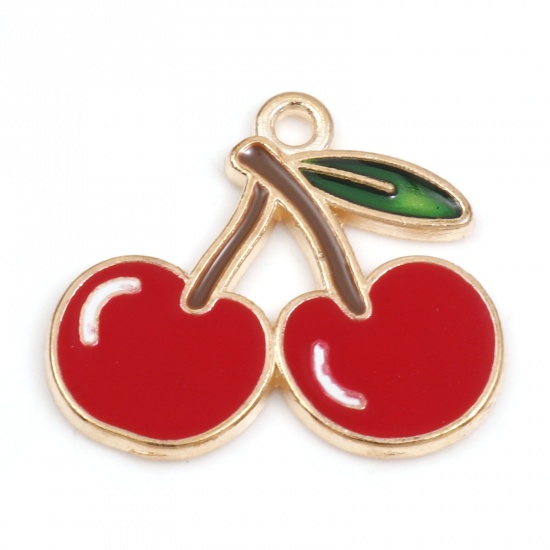 Picture of Zinc Based Alloy Charms Gold Plated Red Fruit Cherry Fruit Enamel 24mm x 21mm, 10 PCs