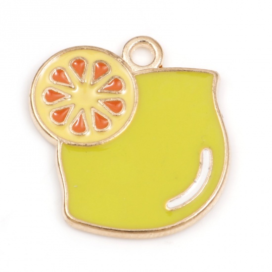 Picture of Zinc Based Alloy Charms Gold Plated Yellow-green Lemon Fruit Enamel 21mm x 21mm, 10 PCs