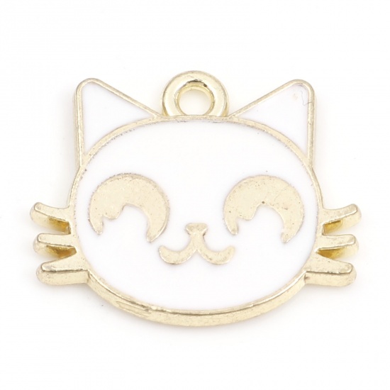 Picture of Zinc Based Alloy Charms Gold Plated White Cat Animal Enamel 18mm x 15mm, 10 PCs