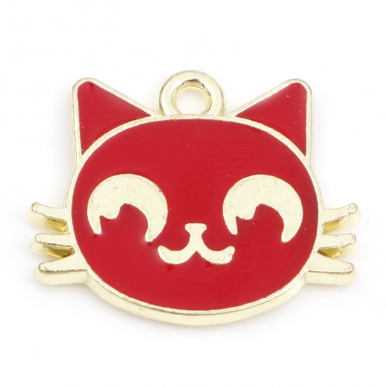 Picture of Zinc Based Alloy Charms Gold Plated Red Cat Animal Enamel 18mm x 15mm, 10 PCs