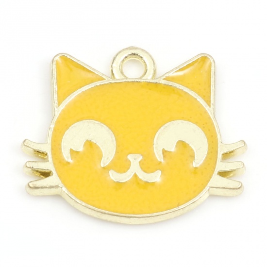 Picture of Zinc Based Alloy Charms Gold Plated Yellow Cat Animal Enamel 18mm x 15mm, 10 PCs