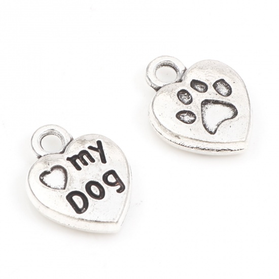 Picture of Zinc Based Alloy Pet Memorial Charms Antique Silver Color Heart Paw Print Message " My Dog " Double Sided 13mm x 10mm, 20 PCs