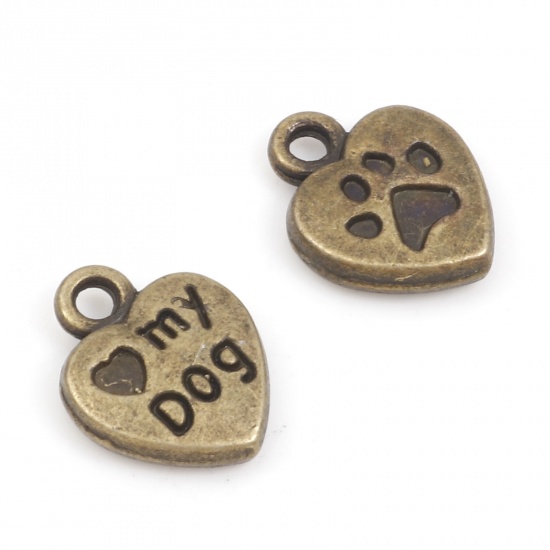 Picture of Zinc Based Alloy Pet Memorial Charms Antique Bronze Heart Paw Print Message " My Dog " Double Sided 13mm x 10mm, 20 PCs