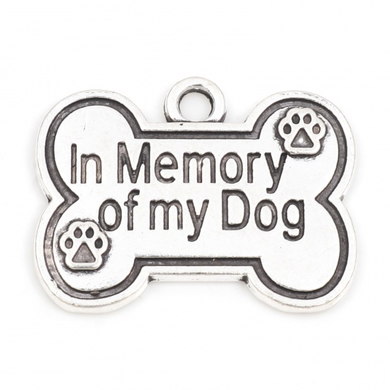 Picture of Zinc Based Alloy Pet Memorial Charms Antique Silver Color Bone Paw Print Message " In Memory of My Dog " 25mm x 19mm, 10 PCs