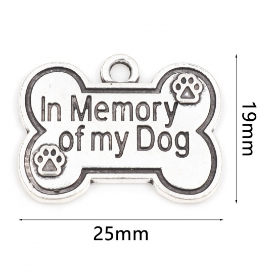 Picture of Zinc Based Alloy Pet Memorial Charms Antique Silver Color Bone Paw Print Message " In Memory of My Dog " 25mm x 19mm, 10 PCs