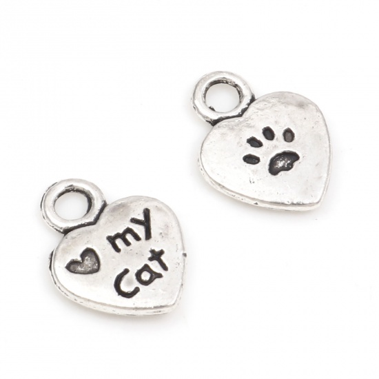 Picture of Zinc Based Alloy Pet Memorial Charms Antique Silver Color Heart Paw Print Message " My Cat " Double Sided 12mm x 9mm, 100 PCs