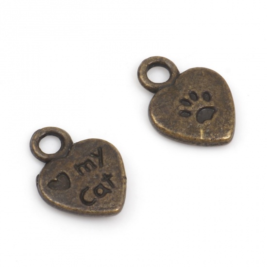 Picture of Zinc Based Alloy Pet Memorial Charms Antique Bronze Heart Paw Print Message " My Cat " Double Sided 12mm x 9mm, 100 PCs